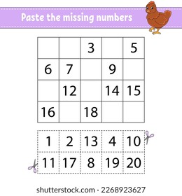 Paste the missing numbers 1-20. Game for children. Handwriting practice. Learning numbers for kids. Education developing worksheet. Activity page. Isolated vector illustration in cute cartoon style.