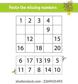 Paste the missing numbers 1-20. Game for children. Handwriting practice. Learning numbers for kids. Education developing worksheet. Activity page. Isolated vector illustration in cute cartoon style.