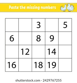 Paste the missing numbers 1-20. Game for children. Handwriting practice. Learning numbers for kids. Education developing worksheet. Activity page. Vector illustration.
