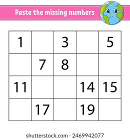 Paste the missing numbers 1-20. Game for children. Handwriting practice. Learning numbers for kids. Education developing worksheet. Activity page. Vector illustration.