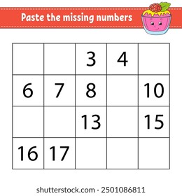 Paste the missing numbers 1-20. Game for children. Handwriting practice. Learning numbers for kids. Education developing worksheet. Activity page. Vector illustration.