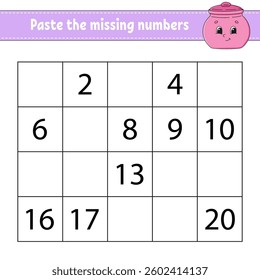 Paste the missing numbers 1-20. Game for children. Handwriting practice. Learning numbers for kids. Education developing worksheet. Activity page. Vector illustration.