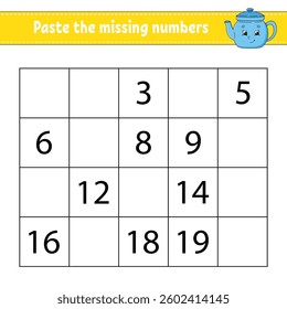 Paste the missing numbers 1-20. Game for children. Handwriting practice. Learning numbers for kids. Education developing worksheet. Activity page. Vector illustration.