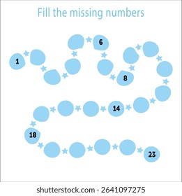 Paste the missing numbers 1-23. Handwriting practice. Learning numbers for kids. Education developing worksheet. Activity page. Game for children. Isolated vector illustration in cute cartoon style.13