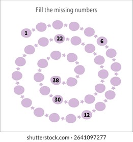 Paste the missing numbers 1-38. Handwriting practice. Learning numbers for kids. Education developing worksheet. Activity page. Game for children. Isolated vector illustration in cute cartoon style.15