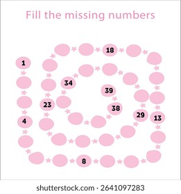 Paste the missing numbers 1-39. Handwriting practice. Learning numbers for kids. Education developing worksheet. Activity page. Game for children. Isolated vector illustration in cute cartoon style.16