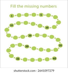 Paste the missing numbers 1-40. Handwriting practice. Learning numbers for kids. Education developing worksheet. Activity page. Game for children. Isolated vector illustration in cute cartoon style.17