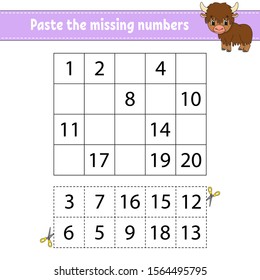 Paste the missing numbers. Game for children. Handwriting practice. Learning numbers for kids. Education developing worksheet. Activity page. Isolated vector illustration in cute cartoon style