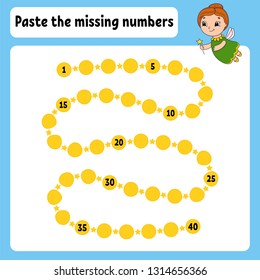 Paste the missing numbers. Handwriting practice. Learning numbers for kids. Education developing worksheet. Activity page. Game for children. Isolated vector illustration in cute cartoon style.