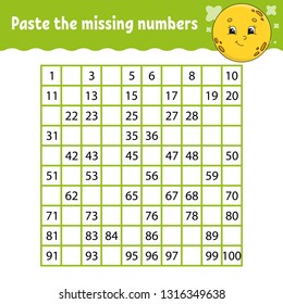 Paste the missing numbers. Handwriting practice. Learning numbers for kids. Education developing worksheet. Activity page. Game for children. Isolated vector illustration in cute cartoon style