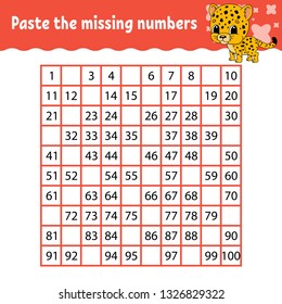 Paste the missing numbers. Handwriting practice. Learning numbers for kids. Education developing worksheet. Activity page. Game for children. Isolated vector illustration in cute cartoon style