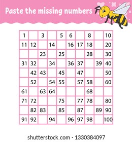 Paste the missing numbers. Handwriting practice. Learning numbers for kids. Education developing worksheet. Activity page. Game for children. Isolated vector illustration in cute cartoon style