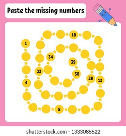 Paste the missing numbers. Handwriting practice. Learning numbers for kids. Education developing worksheet. Activity page. Game for children. Isolated vector illustration in cute cartoon style.