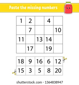 Paste the missing numbers. Handwriting practice. Learning numbers for kids. Education developing worksheet. Activity page. Game for children. Isolated vector illustration in cute cartoon style