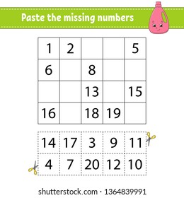 Paste the missing numbers. Handwriting practice. Learning numbers for kids. Education developing worksheet. Activity page. Game for children. Isolated vector illustration in cute cartoon style