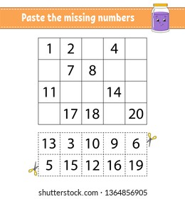 Paste the missing numbers. Handwriting practice. Learning numbers for kids. Education developing worksheet. Activity page. Game for children. Isolated vector illustration in cute cartoon style