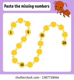 Paste the missing numbers. Handwriting practice. Learning numbers for kids. Education developing worksheet. Activity page. Game for children. Isolated vector illustration in cute cartoon style.