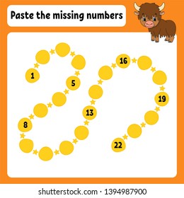 Paste the missing numbers. Handwriting practice. Learning numbers for kids. Education developing worksheet. Activity page. Game for children. Isolated vector illustration in cute cartoon style.