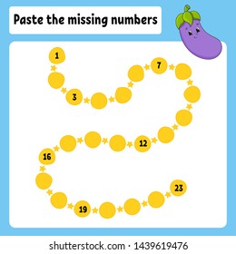 Paste the missing numbers. Handwriting practice. Learning numbers for kids. Education developing worksheet. Activity page. Game for children. Isolated vector illustration in cute cartoon style.