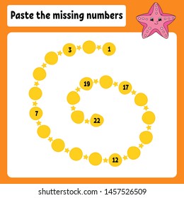 Paste the missing numbers. Handwriting practice. Learning numbers for kids. Education developing worksheet. Activity page. Game for children. Isolated vector illustration in cute cartoon style.