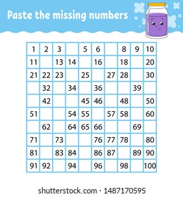 Paste the missing numbers. Handwriting practice. Learning numbers for kids. Education developing worksheet. Activity page. Game for children. Isolated vector illustration in cute cartoon style.