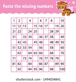 Paste the missing numbers. Handwriting practice. Learning numbers for kids. Education developing worksheet. Activity page. Game for children. Isolated vector illustration in cute cartoon style.