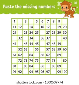 Paste the missing numbers. Handwriting practice. Learning numbers for kids. Education developing worksheet. Activity page. Game for children. Isolated vector illustration in cute cartoon style.