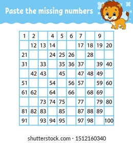 Paste the missing numbers. Handwriting practice. Learning numbers for kids. Education developing worksheet. Activity page. Game for children. Isolated vector illustration in cute cartoon style.