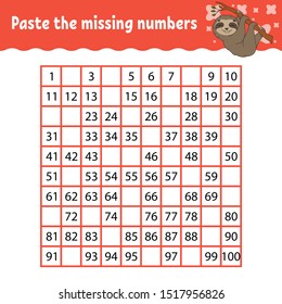 Paste the missing numbers. Handwriting practice. Learning numbers for kids. Education developing worksheet. Activity page. Game for children. Isolated vector illustration in cute cartoon style.