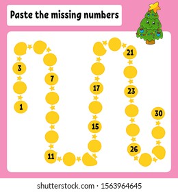 Paste the missing numbers. Handwriting practice. Learning numbers for kids. Education developing worksheet. Activity page. Game for children. Isolated vector illustration in cute cartoon style.