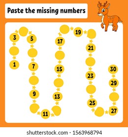 Paste the missing numbers. Handwriting practice. Learning numbers for kids. Education developing worksheet. Activity page. Game for children. Isolated vector illustration in cute cartoon style.