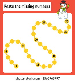 Paste the missing numbers. Handwriting practice. Learning numbers for kids. Education developing worksheet. Activity page. Game for children. Isolated vector illustration in cute cartoon style.