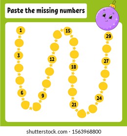 Paste the missing numbers. Handwriting practice. Learning numbers for kids. Education developing worksheet. Activity page. Game for children. Isolated vector illustration in cute cartoon style.