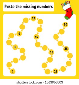 Paste the missing numbers. Handwriting practice. Learning numbers for kids. Education developing worksheet. Activity page. Game for children. Isolated vector illustration in cute cartoon style.