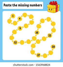 Paste the missing numbers. Handwriting practice. Learning numbers for kids. Education developing worksheet. Activity page. Game for children. Isolated vector illustration in cute cartoon style.