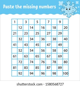 Paste the missing numbers. Handwriting practice. Learning numbers for kids. Education developing worksheet. Activity page. Game for children. Isolated vector illustration in cute cartoon style.