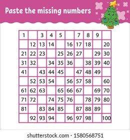 Paste the missing numbers. Handwriting practice. Learning numbers for kids. Education developing worksheet. Activity page. Game for children. Isolated vector illustration in cute cartoon style.