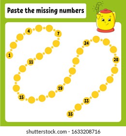 Paste the missing numbers. Handwriting practice. Learning numbers for kids. Education developing worksheet. Color activity page. Game for children. Isolated vector illustration in cartoon style.