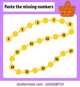 Paste the missing numbers. Handwriting practice. Learning numbers for kids. Wood basket. Education developing worksheet. Game for children. Isolated vector illustration in cartoon style.