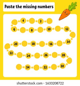 Paste the missing numbers. Handwriting practice. Learning numbers for kids. Education developing worksheet. Color activity page. Vegetable carrot. Isolated vector illustration in cartoon style.