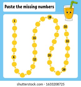 Paste the missing numbers. Handwriting practice. Learning numbers for kids. Education developing worksheet. Color activity page. Glass juice. Isolated vector illustration in cartoon style.