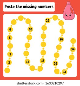 Paste the missing numbers. Handwriting practice. Learning numbers for kids. Education developing worksheet. Color activity page. Wash detergent. Isolated vector illustration in cartoon style.