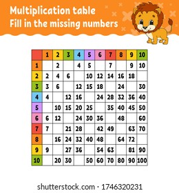 Paste the missing numbers. Learning multiplication table. Handwriting practice. Education developing worksheet. Color activity page. Game for children. Isolated vector illustration in cartoon style.