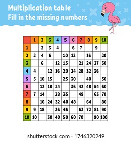 Paste the missing numbers. Learning multiplication table. Handwriting practice. Education developing worksheet. Color activity page. Game for children. Isolated vector illustration in cartoon style.