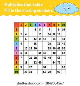 Paste the missing numbers. Learning multiplication table. Handwriting practice. Education developing worksheet. Color activity page. Game for children. Isolated vector illustration in cartoon style.