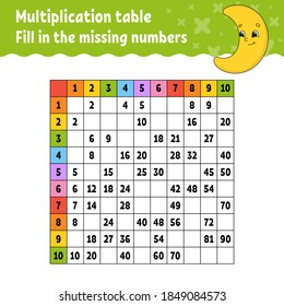 Paste the missing numbers. Learning multiplication table. Handwriting practice. Education developing worksheet. Color activity page. Game for children. Isolated vector illustration in cartoon style.