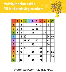 Paste the missing numbers. Learning multiplication table. Handwriting practice. Education developing worksheet. Color activity page. Game for children. Easter theme.