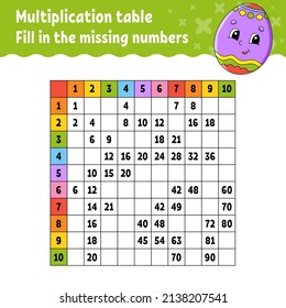 Paste the missing numbers. Learning multiplication table. Handwriting practice. Education developing worksheet. Color activity page. Game for children. Easter theme.