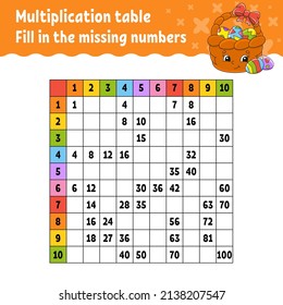 Paste the missing numbers. Learning multiplication table. Handwriting practice. Education developing worksheet. Color activity page. Game for children. Easter theme.