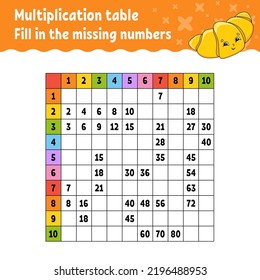 Paste the missing numbers. Learning multiplication table. Handwriting practice. Education developing worksheet. Color activity page. Game for children. Vector illustration.